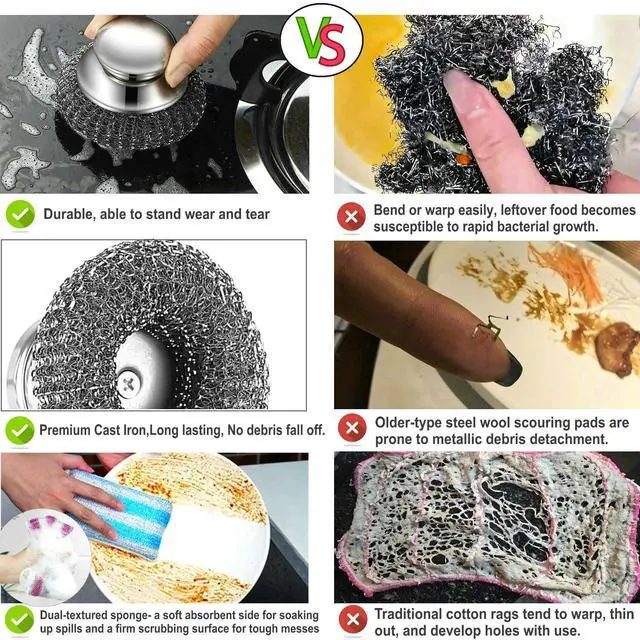 Alt view image 4 of 4 - Stainless Steel Wool Scrubber with Short Handle Steel Scrubber Wool Pads for Cleaning Dishes Metal Scrubber Pot Scrubbers for Iron Pots, Stoves, Barbecue Grills, Wash Sink,Pans,2 Replace Heads