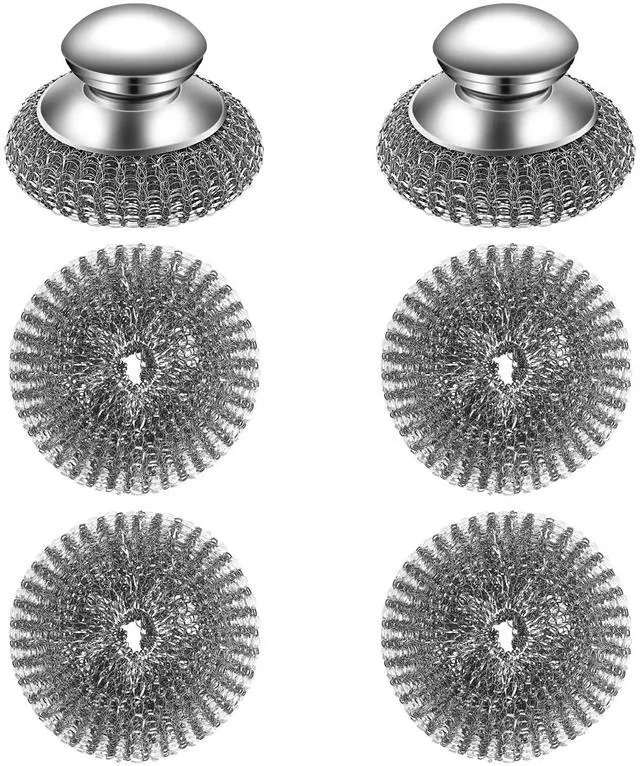 Main image of Stainless Steel Wool Scrubber Set, 2 Handles with 4 Replacement Pads, for Pots Pans Grills