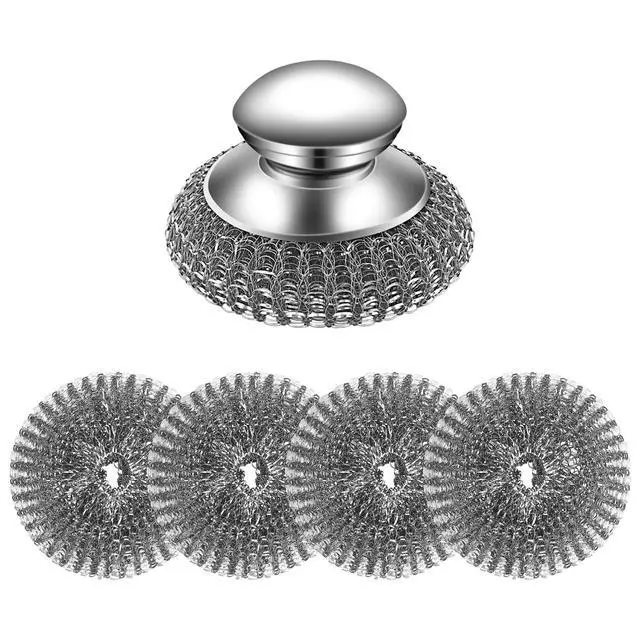 Alt view image 2 of 7 - Stainless Steel Wool Scrubber Set, 2 Handles with 4 Replacement Pads, for Pots Pans Grills