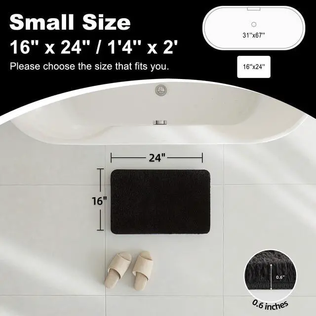 Alt view image 2 of 7 - Black Bathroom Rug, Ultra Soft Bath Rugs Non Slip Washable, Super Absorbent Quick Dry Small Bath Mat with Rubber Backing for Bathroom Floor, Shower, or Sink, Black 16" x 24"