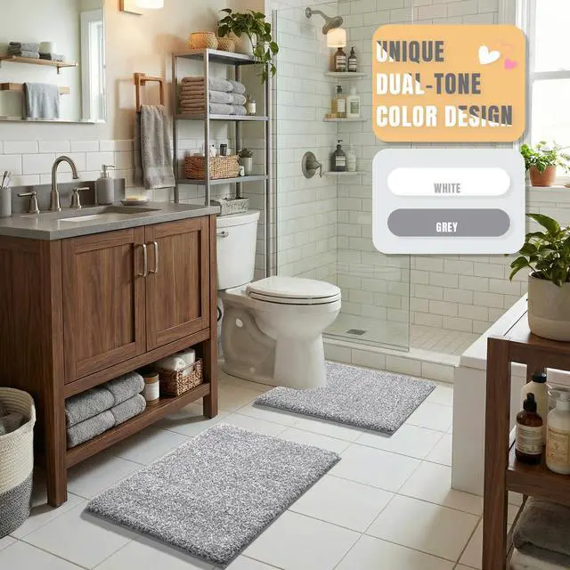 Alt view image 7 of 7 - Cushioned Anti-Fatigue Bathroom Rug, Bath Mat Non Slip Washable, Dense Soft Microfiber for Bathroom Sink, Shower, Tired Feet Comfort, Absorbent, 24" X 17", Grey and White