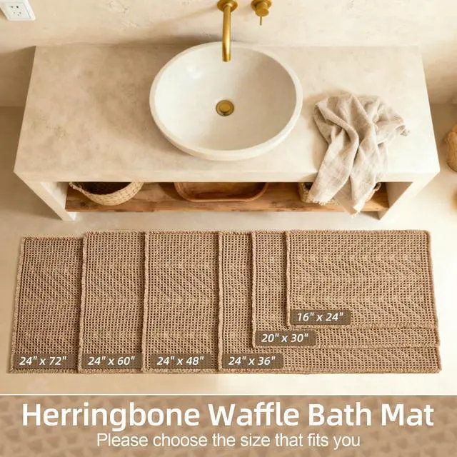 Alt view image 2 of 7 - Boho Bathroom Rug, Herringbone Waffle Bath Mat Non-Slip Washable Super Absorbent Quick Dry, Farmhouse Bath Mat for Bathroom Floor Decor 20"*30" Khaki
