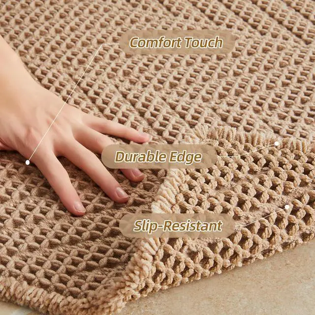 Alt view image 3 of 7 - Boho Bathroom Rug, Herringbone Waffle Bath Mat Non-Slip Washable Super Absorbent Quick Dry, Farmhouse Bath Mat for Bathroom Floor Decor 20"*30" Khaki