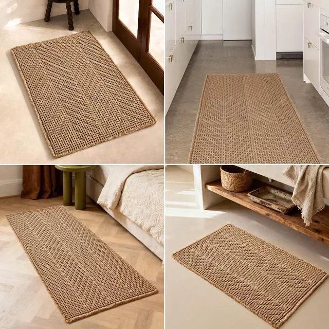 Alt view image 7 of 7 - Boho Bathroom Rug, Herringbone Waffle Bath Mat Non-Slip Washable Super Absorbent Quick Dry, Farmhouse Bath Mat for Bathroom Floor Decor 20"*30" Khaki