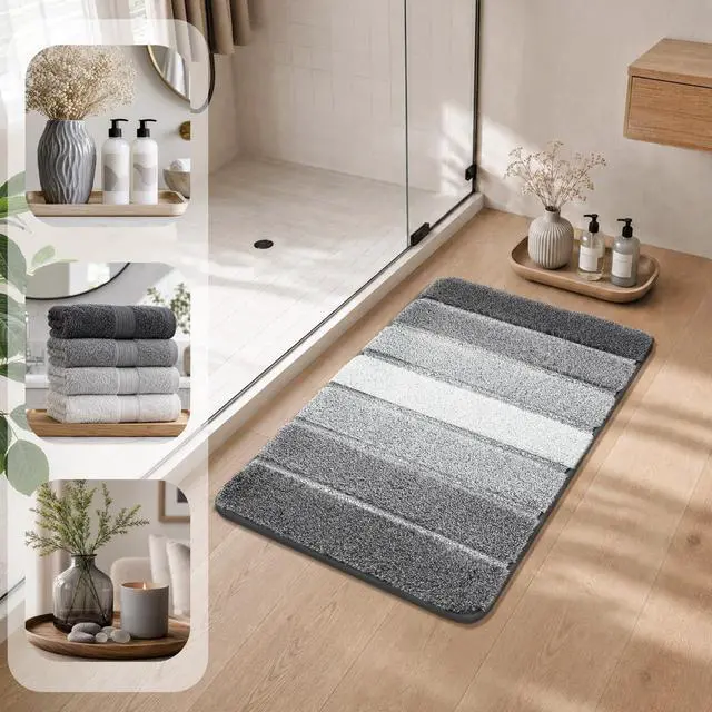 Alt view image 3 of 7 - Bathroom Rugs 24x17,Ultra Soft Absorbent Bath Mat,Grey | Non-Slip TPR Backing Stays in Place, Machine Washable Bath Rugs Shaggy Rug for Bathroom Floor