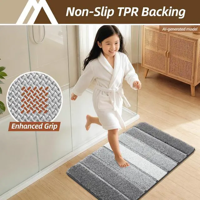 Alt view image 5 of 7 - Bathroom Rugs 24x17,Ultra Soft Absorbent Bath Mat,Grey | Non-Slip TPR Backing Stays in Place, Machine Washable Bath Rugs Shaggy Rug for Bathroom Floor