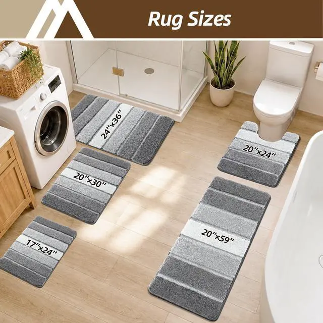 Alt view image 2 of 7 - Bathroom Rugs 24x17,Ultra Soft Absorbent Bath Mat,Grey | Non-Slip TPR Backing Stays in Place, Machine Washable Bath Rugs Shaggy Rug for Bathroom Floor