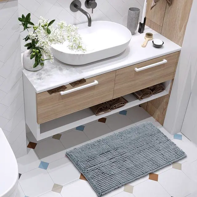 Alt view image 2 of 7 - Chenille Bathroom Rugs Non-Slip Bath Mat 24"x17", Washable Soft Shower Mat, for Bathroom Floor & Tub Fluffy Shag Bath Rugs, Durable Thick Water Absorbent Microfiber Shower Rugs, Sky Gray