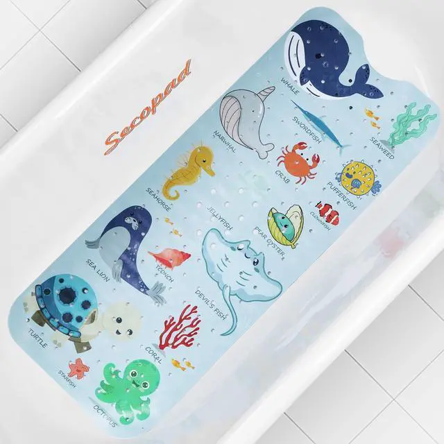 Main image of Bathtub Mat Non Slip, Cute Tub Mat, 40" x 16", Blue Sea Animals | Rectangular, Anti-Slip, Machine Washable, with Drain Holes and Suction Cups,For Bathtub and Shower Floor, for Toddler & Kids