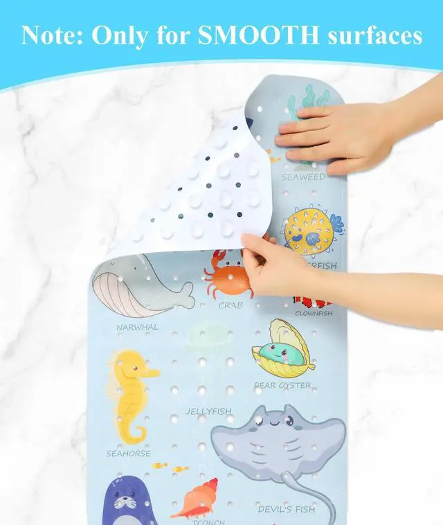 Alt view image 3 of 6 - Bathtub Mat Non Slip, Cute Tub Mat, 40" x 16", Blue Sea Animals | Rectangular, Anti-Slip, Machine Washable, with Drain Holes and Suction Cups,For Bathtub and Shower Floor, for Toddler & Kids