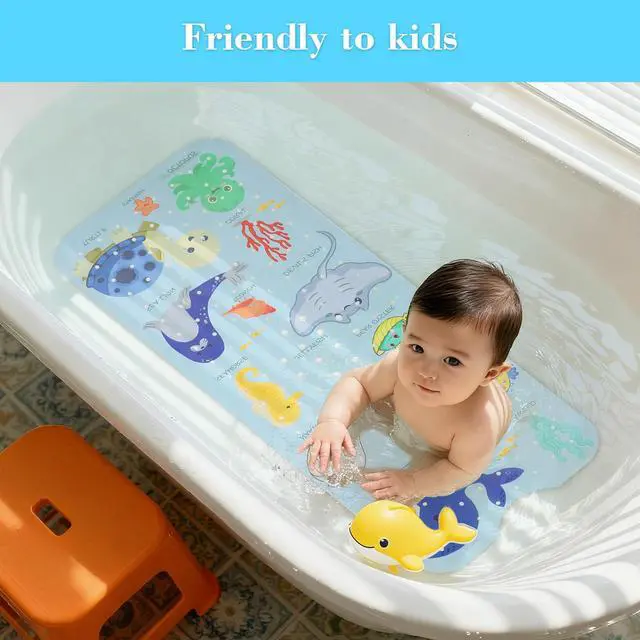 Alt view image 2 of 6 - Bathtub Mat Non Slip, Cute Tub Mat, 40" x 16", Blue Sea Animals | Rectangular, Anti-Slip, Machine Washable, with Drain Holes and Suction Cups,For Bathtub and Shower Floor, for Toddler & Kids