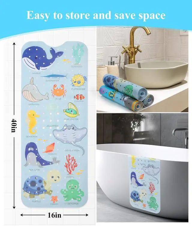 Alt view image 4 of 6 - Bathtub Mat Non Slip, Cute Tub Mat, 40" x 16", Blue Sea Animals | Rectangular, Anti-Slip, Machine Washable, with Drain Holes and Suction Cups,For Bathtub and Shower Floor, for Toddler & Kids