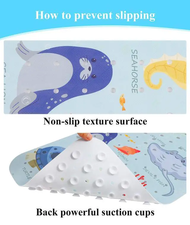 Alt view image 5 of 6 - Bathtub Mat Non Slip, Cute Tub Mat, 40" x 16", Blue Sea Animals | Rectangular, Anti-Slip, Machine Washable, with Drain Holes and Suction Cups,For Bathtub and Shower Floor, for Toddler & Kids