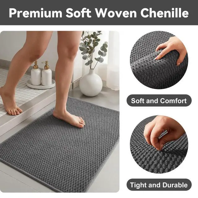 Alt view image 3 of 7 - Bathroom Rugs Non Slip Washable, Super Absorbent Thin Bath Mat Small Quick Dry Low Pile Bathroom Rug, Dark Grey 16"x24"