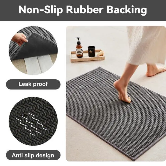 Alt view image 4 of 7 - Bathroom Rugs Non Slip Washable, Super Absorbent Thin Bath Mat Small Quick Dry Low Pile Bathroom Rug, Dark Grey 16"x24"