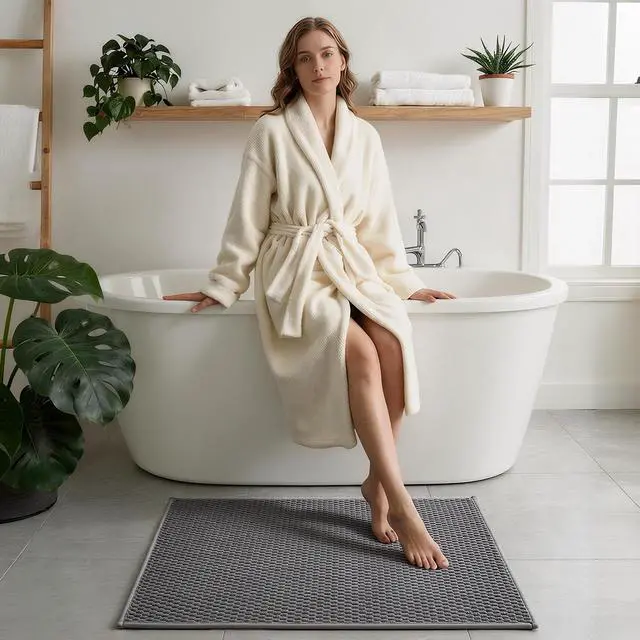 Alt view image 7 of 7 - Bathroom Rugs Non Slip Washable, Super Absorbent Thin Bath Mat Small Quick Dry Low Pile Bathroom Rug, Dark Grey 16"x24"
