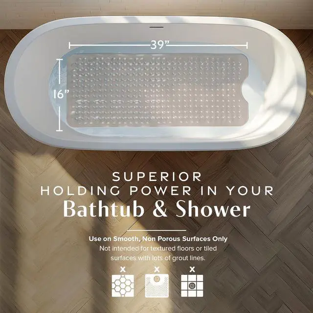 Alt view image 3 of 6 - 39"x16" Power Grip Non Slip Bathtub Shower Mat, Tan | Stronger Wet Surface Protection, Soft Under Foot, 265+ Suction Cups, Large Drainage Holes
