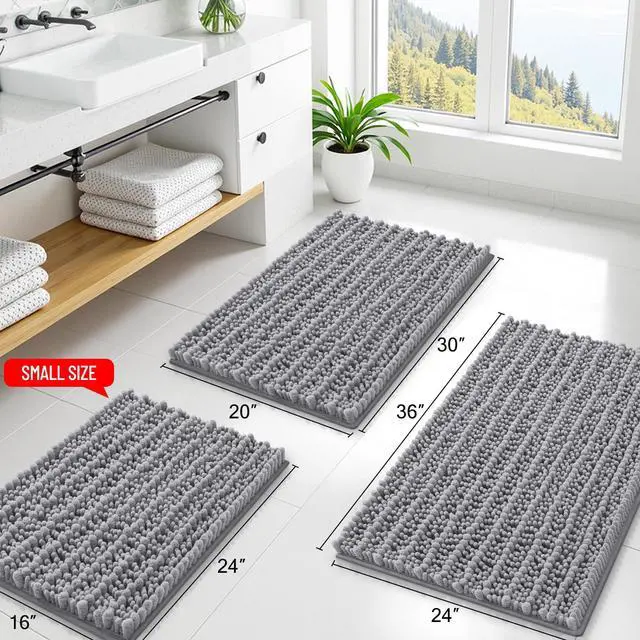 Alt view image 2 of 7 - Bathroom Rugs 30X20, Extra Soft Rubber Backing Chenille Bath Mats | Grey Machine Washable Non Slip Quick Dry Bath Mats for Bathroom Floor, Tub, Shower, Home Decor Accessories