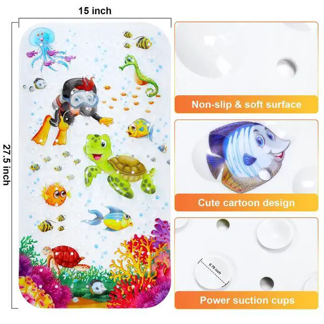 Alt view image 3 of 6 - Bathtub Mat Non Slip, Cartoon Bath Tub Mat, 27.5" x 15", Turtle | Rectangular, Anti-Slip, Machine Washable, with Drain Holes and Suction Cups,For Bathtub and Shower Floor, for Toddler & Kids