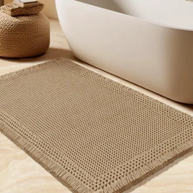 Main image of Upgrade Waffle Bath Mat, Boho Bathroom Rugs Absorbent Non Slip, Ultra Soft Bathroom Mat, Machine Washable Knit Bath Rugs with Border for Bathroom, Bedroom, Kitchen, Shower, Tub, 32"x20", Beige