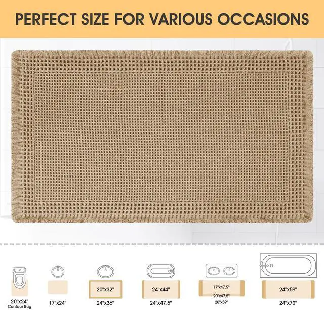 Alt view image 4 of 7 - Upgrade Waffle Bath Mat, Boho Bathroom Rugs Absorbent Non Slip, Ultra Soft Bathroom Mat, Machine Washable Knit Bath Rugs with Border for Bathroom, Bedroom, Kitchen, Shower, Tub, 32"x20", Beige
