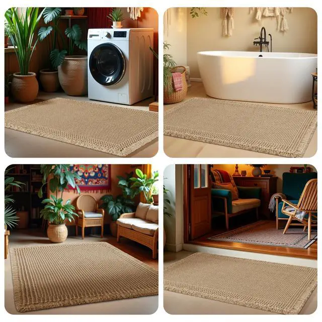 Alt view image 7 of 7 - Upgrade Waffle Bath Mat, Boho Bathroom Rugs Absorbent Non Slip, Ultra Soft Bathroom Mat, Machine Washable Knit Bath Rugs with Border for Bathroom, Bedroom, Kitchen, Shower, Tub, 32"x20", Beige