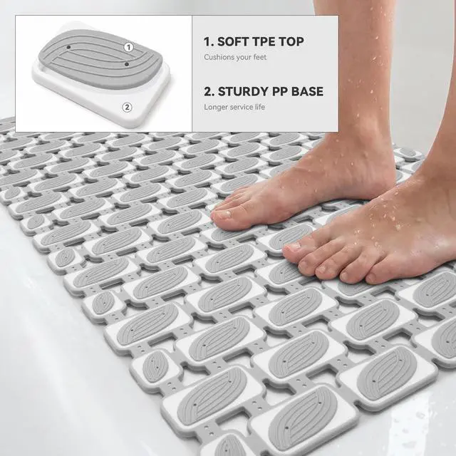 Alt view image 2 of 6 - Non Slip Bathtub Mat with Suction Cups Quick Dry Shower Mat 27x16 | Light Grey Machine Washable Shower Floor Mat for Elderly & Kids, Quick Dry Drain Holes Bathroom Shower Tub Stall