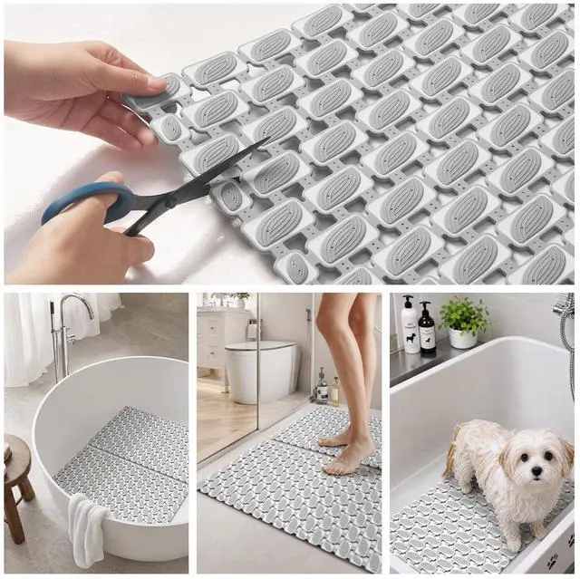 Alt view image 6 of 6 - Non Slip Bathtub Mat with Suction Cups Quick Dry Shower Mat 27x16 | Light Grey Machine Washable Shower Floor Mat for Elderly & Kids, Quick Dry Drain Holes Bathroom Shower Tub Stall