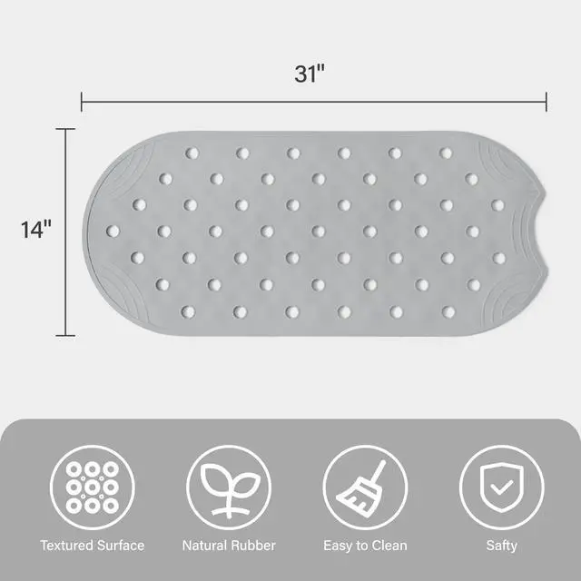 Alt view image 5 of 7 - Rubber Bathtub Mat Shower Mat Non-Slip, 31x14 Inch, Bath Tub Floor Mat with Suction Cups and Drainage Holes, Grey