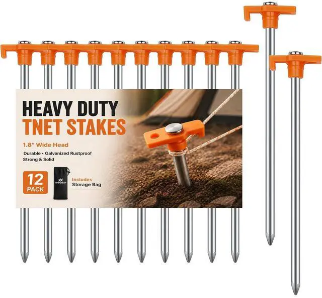 Main image of 12 Pack Tent Stakes Heavy Duty Camping Stakes,7.1inch Non-Rust Metal Tent Pegs with Storage Bag Ground Stakes Tent Spikes Camping,Garden,Hiking Orange (Orange 12pcs, 7.1IN)