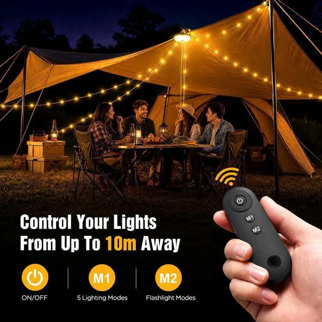 Alt view image 2 of 7 - Camping String Lights with Rmote, 4 in 1 Quick Storage 32.8FT 8 Mode | Rechargeable Fairy Tent Lights String, Portable Lantern LED Lamp for Outdoor Indoor Patio Yard Decor Camping Essentials
