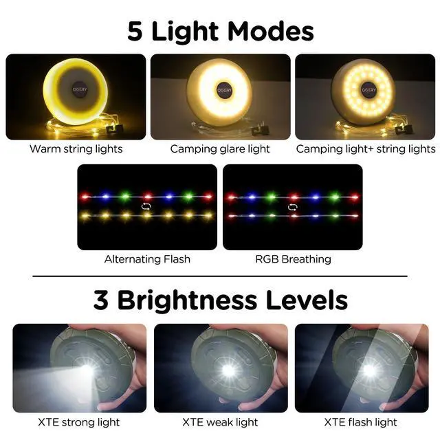 Alt view image 3 of 7 - Camping String Lights with Rmote, 4 in 1 Quick Storage 32.8FT 8 Mode | Rechargeable Fairy Tent Lights String, Portable Lantern LED Lamp for Outdoor Indoor Patio Yard Decor Camping Essentials
