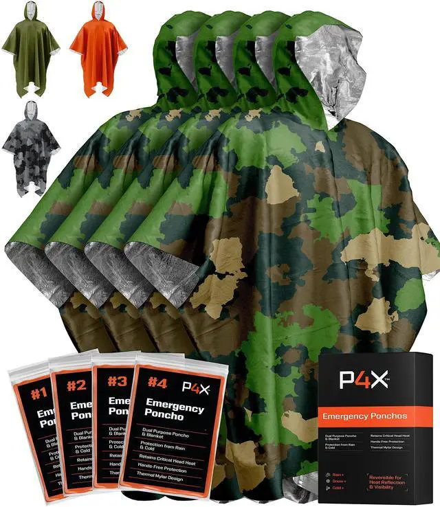 Main image of Emergency Poncho with Mylar Blanket Liner Heavy Duty, Waterproof, Wind-Resistant Green Rain Poncho for Outdoors, Camping, and Car Emergency Kits - Thermal Poncho - 4 Pack (Green Camo)