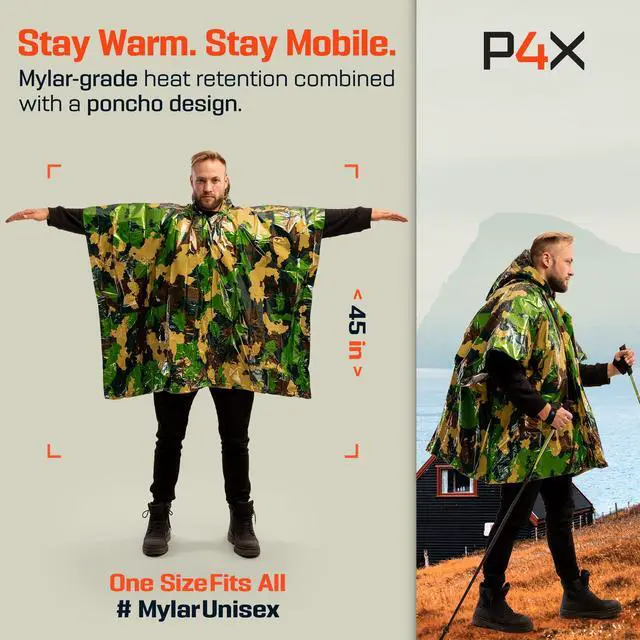Alt view image 2 of 7 - Emergency Poncho with Mylar Blanket Liner Heavy Duty, Waterproof, Wind-Resistant Green Rain Poncho for Outdoors, Camping, and Car Emergency Kits - Thermal Poncho - 4 Pack (Green Camo)