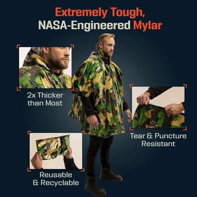 Alt view image 5 of 7 - Emergency Poncho with Mylar Blanket Liner Heavy Duty, Waterproof, Wind-Resistant Green Rain Poncho for Outdoors, Camping, and Car Emergency Kits - Thermal Poncho - 4 Pack (Green Camo)