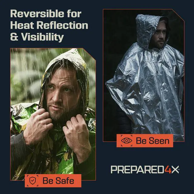 Alt view image 4 of 7 - Emergency Poncho with Mylar Blanket Liner Heavy Duty, Waterproof, Wind-Resistant Green Rain Poncho for Outdoors, Camping, and Car Emergency Kits - Thermal Poncho - 4 Pack (Green Camo)
