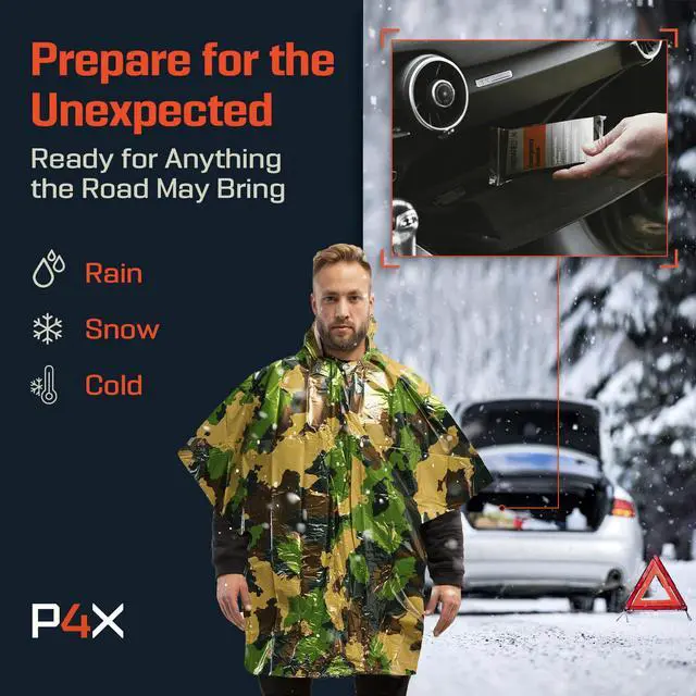Alt view image 6 of 7 - Emergency Poncho with Mylar Blanket Liner Heavy Duty, Waterproof, Wind-Resistant Green Rain Poncho for Outdoors, Camping, and Car Emergency Kits - Thermal Poncho - 4 Pack (Green Camo)