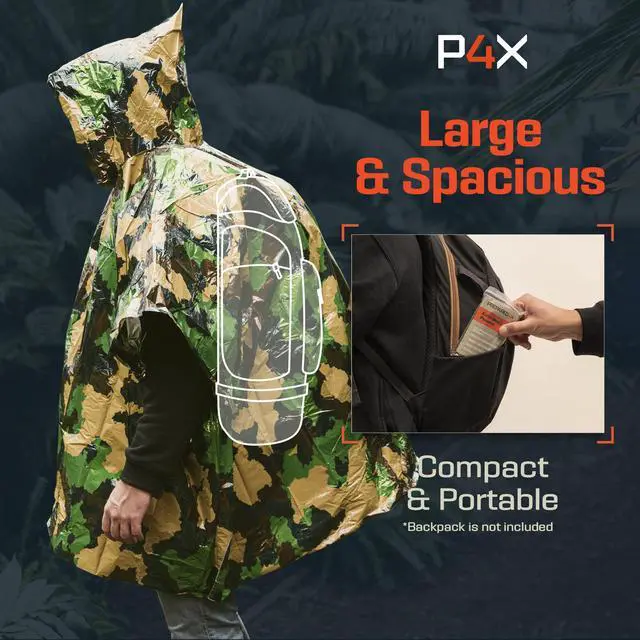 Alt view image 7 of 7 - Emergency Poncho with Mylar Blanket Liner Heavy Duty, Waterproof, Wind-Resistant Green Rain Poncho for Outdoors, Camping, and Car Emergency Kits - Thermal Poncho - 4 Pack (Green Camo)