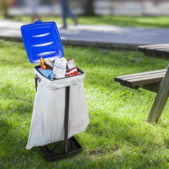 Alt view image 2 of 7 - Portable Trash Bag Holder Collapsible 13-Gallon Garbage Bin for Indoor/Outdoor Use, Camping, Recycling, and Parties Durable Plastic Trash Can Outdoors (Blue)