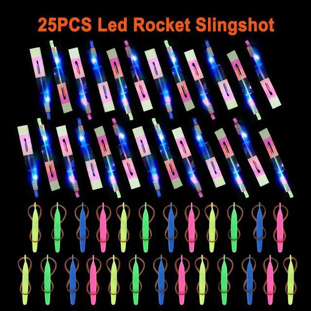 Alt view image 2 of 7 - 25 Sets LED Flying Set, 25 Slingshot+25 Glow Helicopter-50 Pcs, Flying Toy Outdoor Toys Glow in the Dark Party Supplies Party Favors for Kids 8-12,4-8