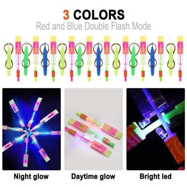 Alt view image 5 of 7 - 25 Sets LED Flying Set, 25 Slingshot+25 Glow Helicopter-50 Pcs, Flying Toy Outdoor Toys Glow in the Dark Party Supplies Party Favors for Kids 8-12,4-8