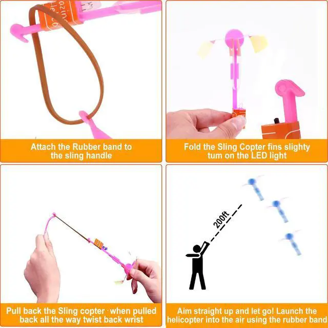 Alt view image 4 of 7 - 25 Sets LED Flying Set, 25 Slingshot+25 Glow Helicopter-50 Pcs, Flying Toy Outdoor Toys Glow in the Dark Party Supplies Party Favors for Kids 8-12,4-8