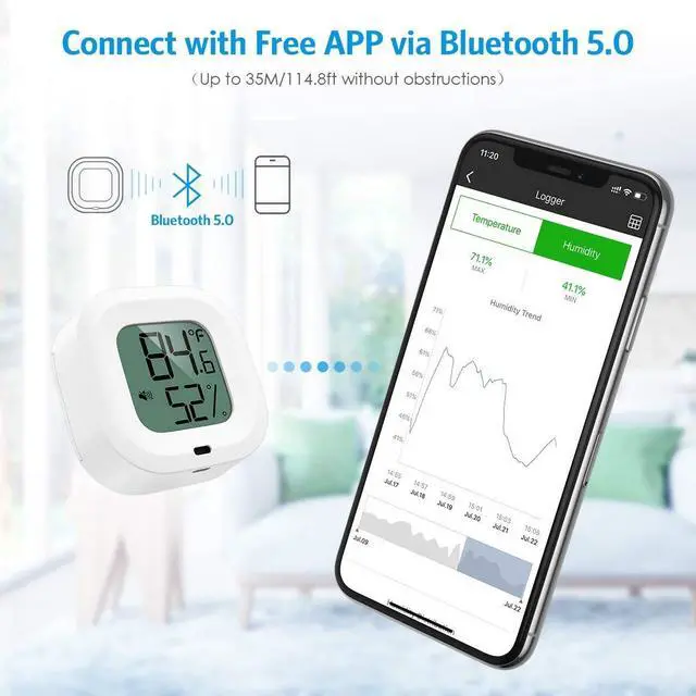 Alt view image 2 of 6 - Bluetooth Thermometer Hygrometer, Smart Humidity Temperature Sensor | App alerts & data storage. Monitor for greenhouse, humidor, guitar case, incubator, and camera storage.