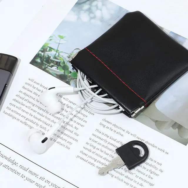 Alt view image 5 of 7 - 4Pcs PU Leather Earphone Pouch Headphone Storage Bag, Closure Soft Elastic Snap Spring Pouch for Carrying or Storing Headphones