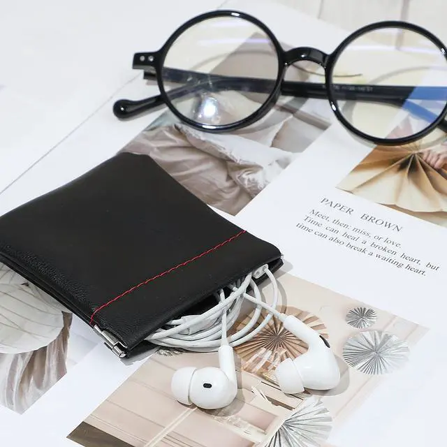 Alt view image 7 of 7 - 4Pcs PU Leather Earphone Pouch Headphone Storage Bag, Closure Soft Elastic Snap Spring Pouch for Carrying or Storing Headphones