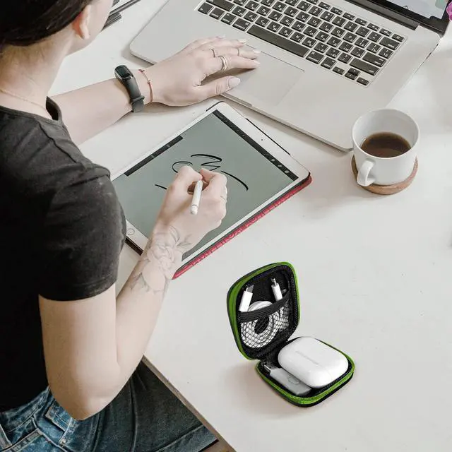 Alt view image 6 of 7 - Square Earbud Case Portable EVA Carrying Case Storage Bag Cell Phone Accessories Organizer with Carabiner for Earphone, Earbud, Earpieces, SD Memory Card, Camera Chips, Tech Pouch, Green