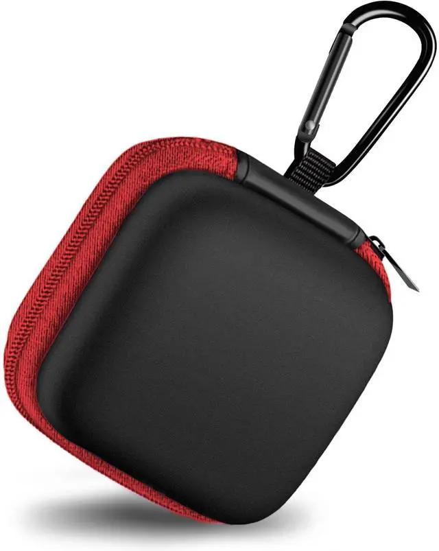 Main image of Square Earbud Case Portable EVA Carrying Case Storage Bag Cell Phone Accessories Organizer with Carabiner for Earphone, Earbud, Earpieces, SD Memory Card, Camera Chips, Tech Pouch, Red