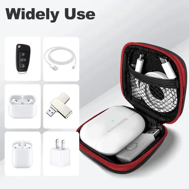 Alt view image 3 of 7 - Square Earbud Case Portable EVA Carrying Case Storage Bag Cell Phone Accessories Organizer with Carabiner for Earphone, Earbud, Earpieces, SD Memory Card, Camera Chips, Tech Pouch, Red