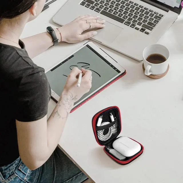 Alt view image 6 of 7 - Square Earbud Case Portable EVA Carrying Case Storage Bag Cell Phone Accessories Organizer with Carabiner for Earphone, Earbud, Earpieces, SD Memory Card, Camera Chips, Tech Pouch, Red