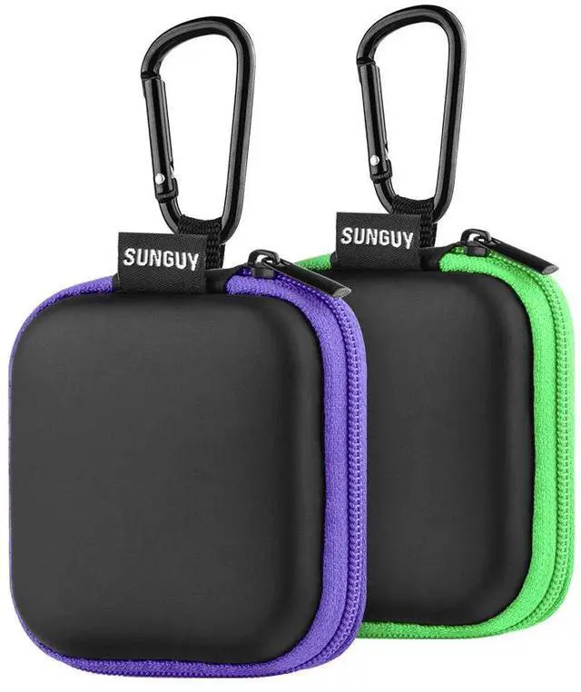 Main image of 2-Pack Earbuds Case, Portable Small Earbud Carrying Case Storage Bag with Carabiner Clip for Earphones, Earpieces, SD Memory Card, Camera Chips - Green+Purple